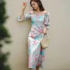 One-Shoulder Puff Sleeve Dress Female Oblique Sling French Party Women Summer Print Floral Midi S-XL 210601