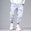 Mode Hip Hop Streetwear Herren Cargo Herren Jeans Elastische Taille Männliche Harem Jogger Hosen Himmelblau Schwarz 210406