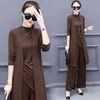 Spring Knitted 3 Piece Set Women Plus Size Tracksuit Long Cardigan And Vest Tops Wide Leg Pants Suit Women's Sets 210513