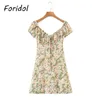 Foridol Sunflower Lace Up Beach Summer Dress Verde Vintage Stampa floreale Boho Breve Mini Dress Bold Sleeve Dress da donna 210415
