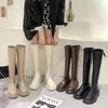 Boots Women Platform Winter Gothic Shoes Long Fashion Black Beige Mid Calf Round Toe Slip On Riding