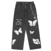 Hip Hop Butterfly Chain Print Jeans rechte wijde beenbroek Harajuku Oversize Streetwear losse joggers Mannen Baggy Broek 210716