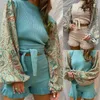 Women Autumn Ribbed 2 Pieces Outfits Paisley Print Lantern Long Sleeve Tie Front Pullover Crop Top Ruffles Shorts Pajamas Lounge X0428