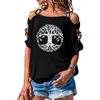 Mandala Circle Trees Camiseta Árbol Mujeres sueltas Algodón Manga corta Camisetas femeninas Moda Hollow Out Hombro Tees X0628