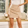 Kvinnors Split Hem Bodycon Kort Mini Skirt Fashion Plaid Printing Sexig Elegant Hög Midja Sheath Wrap Kjolar Kort A-Line Spli X0428