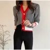 V-Ausschnitt einreihige koreanische Strickjacke Pullover Frauen Herbst Winter Farbe blockiert Langarm Mode elegante Damen Tops 210513