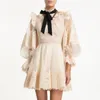 Runway Spring Dames Avondjurk Kant Patchwork Dot Bowknot Prom Fashion Lantern Sleeve White Mini 210520