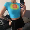 Kawaii Paisley Drukuj Koszulki Y2K z krótkim rękawem Moda Kobiety Harajuku Letnie Crop Top Tops Dla Dziewczyn Blue Tees Koszula 210415