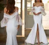 Sexy Split Mermaid Wedding Dresses Off Shoulder Puffy long Sleeves Satin Tulle bohemian country Bridal Gown Vestidos De Novia