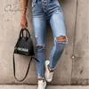 Été Streetwear Femmes Taille Haute Denim Crayon Pantalon Trou Ripped Skinny Jeans 210415