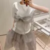 Весна и летние Женщины Одежда Мода Vestido Круглая шейка с короткими рукавами Сетка лоскутная T EE юбка набор WP51202 210421