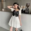 Mode Streetwear Pu cuir Patch robe mi-longue femmes élégantes Femme été Vintage Sexy dame robes Cool Vestidos 210519