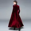 Primavera otoño Borgoña terciopelo x-abrigo largo cuello con muescas para mujer prendas de vestir Vintage hasta el tobillo grueso Maxi gabardina 210416