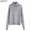 Zevity女性のファッションタートルネック灰色の編み物セーターフェムメシックな男Madeダイヤモンドタッセル装飾プルオーバーカジュアルトップスS494 210603