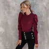 Top t-shirt for Women Autumn Winter Solid Color Women's Slim Fit Blouses female Full Casual t shirt tops Puff Sleeve 210514