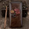 Genuine Leather Wallets Vintage Flora Printing Women Female Cowhide Leather Clutch Purse Long Handy Wristlet Phone Bag Purse