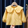 Ruffles Collar Baby Girls Shirts Tops Cotton Jacquard Kids Flare Sleeve Shirt Spring Autumn Clothes Blouse