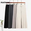 Aachoae Casual Wide Leg Gestrickte Hosen Frauen Feste Hohe Taille Kordelzug Hosen Elegante Gestreifte Lange Hosen Femme Pantalon 210413