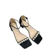 2022 summer single thread buckle fairy women's sandals square head large pearl comfortable medium high heel sandals