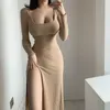 Womengaga Uzun Kollu Seksi Kadınlar Elbise Büyük O Yaka Düz Renk Elastik İnce Mizaç Basit ve Moda OIY5 210603