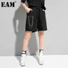 [EAM] taille haute élastique noir fermeture éclair chaîne genou longueur pantalon nouveau pantalon coupe ample femmes mode printemps été 2021 1DE0223 Q0801