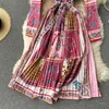 Singreiny Spring Vintage Repagion Ressage платье женщин отпуск с длинным рукавом лук пояс линии корейский повседневный печать MIDI плиссированное платье 210419