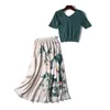 Été Vintage deux pièces ensembles femmes basique vert haut tricoté + A-ligne imprimé fleuri jupe costumes dames tenue élégante 210506