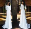 2021 간단한 웨딩 드레스 보트 넥 하프 슬리브 구슬 새끼 층 길이 긴 신부 드레스 Vestido de Novia