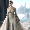 Arapça şampanya Mermaid Gelinlik ile Ayrılabilir Tren Yüksek Boyun 3D Dantel Uzun Kollu Müslüman Gelinlikler Bling Robe de Mariée