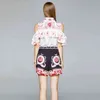 Runway Designer Summer Women Off Shoulder Ruffles Pink Flower Print Shirt Top + Wide Leg Shorts Female Two Piece Set 210416