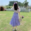 Doce Verão 2 Pcs Set Mulheres Vintage Floral Impressão Slow Sleeves Solta T-shirt + Roxo Cintura Alta Longa Saia Plissada Kawaii Terno 210421