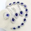 Klassieke blauwe stenen sieraden sets zilveren kleur bruids oorbellen voor vrouwen armband ketting ringen set geschenken doos H1022