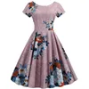 여름 꽃 무늬 인쇄 우아한 A 라인 파티 드레스 슬림 화이트 짧은 소매 스윙 핀 빈티지 드레스 플러스 사이즈 로브 Femme 220311