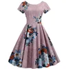 Sommer Blumendruck Elegant A-Line Party Dres Slim Weiße Kurzarm Swing Pin Up Vintage Kleider Plus Größe Robe Femme 220311