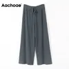 Aachoae عارضة واسعة الساق محبوك السراويل النساء الصلبة عالية الخصر الرباط سراويل أنيقة مخطط السراويل الطويلة فام pantalon 210413