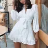 Summer Sundress Women Party Long Sleeve Belted White Lace Embroidery Tunic Beach Dress 210415