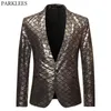 Gouden vis schaal glanzend glitter jurk blazer mannen one button slim fit smoking pak jas mannelijke diner party fase prom kostuum homme 210522