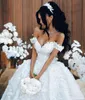 2022 Vestidos de novia de encaje de marfil blanco romántico Elegante fuera del hombro Árabe Una línea Apliques Fruncido Tren largo Vestidos de novia BA9188 B0803