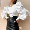Retro Spring Fall Womens Long Puff Sleeve Blouse Shirts 2021 Solid Elegant Blouses and Tops Vrouwelijke kleding Zwart Wit Women's