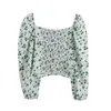 Vrouwen vintage bloemen bedrukte bijgesneden blouses mode drie kwart mouw rug elastische shirts vrouwelijke chique tops 210520
