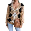 Dames Sweaters Dameskleding Herfst Casual V-hals Gebreide Acryl Elegante Lange Mouw Argyle Print Losse Jumper Tops