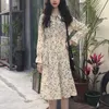 PERHAPS U Beige Yellow Navy Chiffon Floral A-line Empire Dress Bow Collar Floral Long Sleeve Knee Length Dress Spring D0993 210529