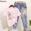 Spring Summer Heavy Beads Embroidery Three-dimensional Flower Short Sleeve T-shirt + Broken Hole Jeans 2 Piece Sets 210422