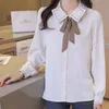 Koreanska kvinnor tröjor chiffong blus kontor dam slips skjorta toppar plus storlek avslappnad kvinna långärmad blouses topp 210427