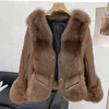 Women's Fur & Faux Whole Leather Collar With Sheep Coat Female Winter Long Sleeve Slim Fit And Overcoat Plus Cotton Lining