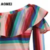 Women Rainbow Stripe Blouse Shirts Full Sleeves Ruffled Off Shoulder Irregular Collar Beachwear Sexy Tops Fashion Spring Blusa 210416