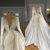 Vestidos de sereia de cristal de pérolas com trens destacáveis de espinha -de -mar pescoço de cetim mangas compridas vestidos de noiva elegantes vestes de noiva de marie