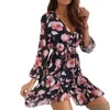 Vrouwen Spring Flower Print Dress V Hals Casual Drie kwart mouw Ruches Split vrouwelijk Elegant A Line Party Vestidos 2021 jurken