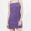 Sexy French Purple Floral Print Spaghetti Strap Women Mini Dress Square Collar Sling Holiday Dresses 210429