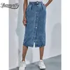 Benuynffy simple boutonnage genou longueur Denim jupe femmes Streetwear décontracté poche taille haute droite jean jupe 210730